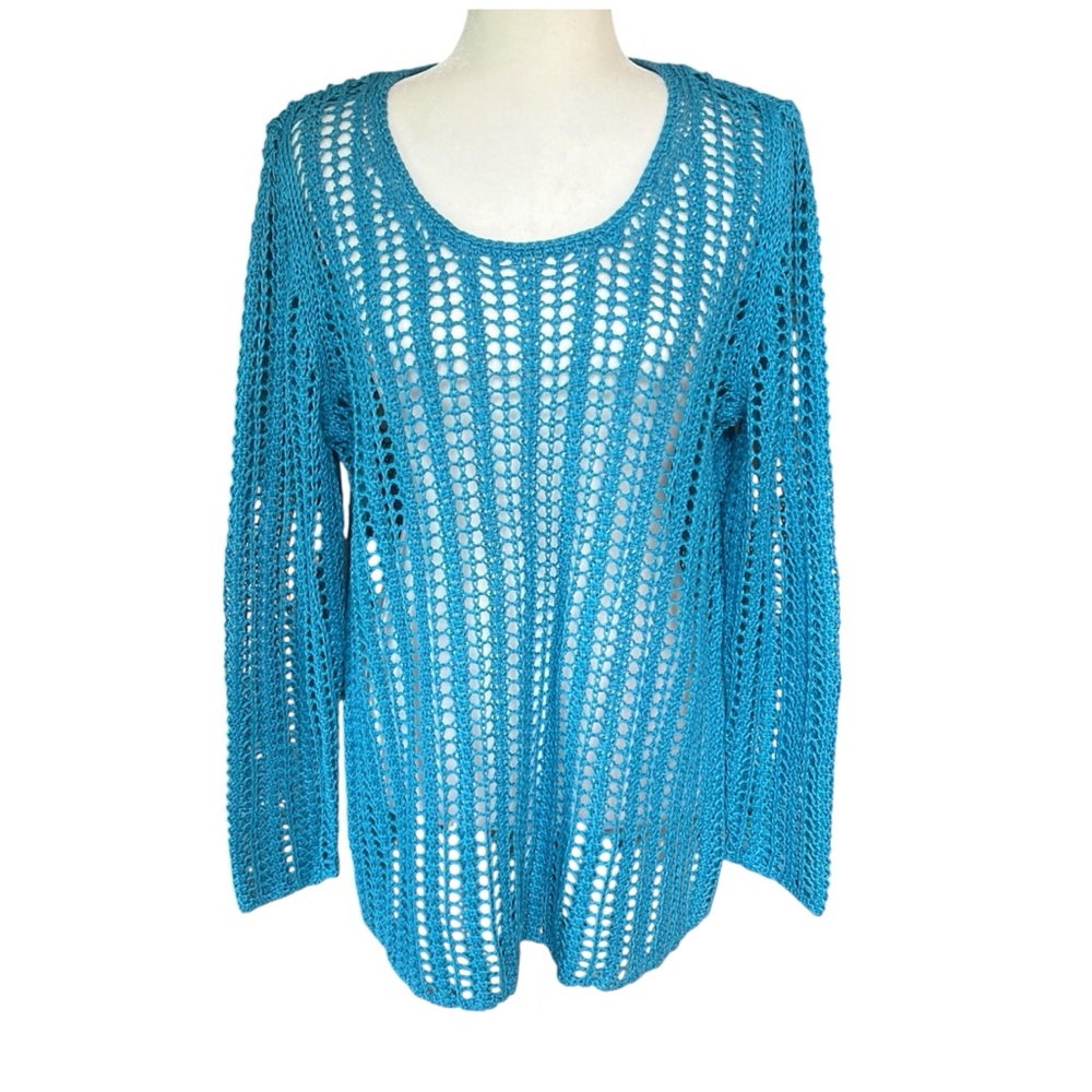 NWT J.Jill lapis blue open knit crochet pullover sweater top 100% linen size L